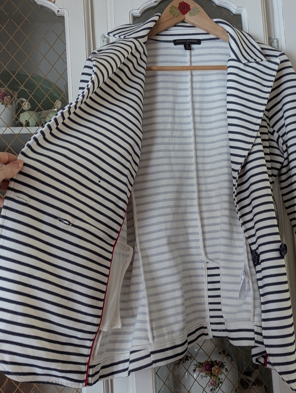 ⚓Banana Republic Navy & White Striped Nautical Double-Breasted Summer Blazer - Picture 7 of 9